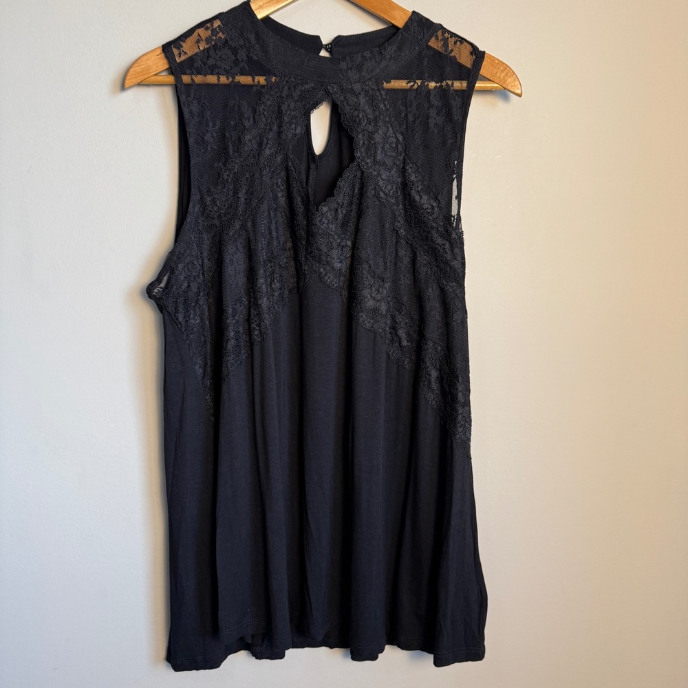 Sloane & Sadie Women's Lace Upper Tunic Tank‎ Top Black Size 2X Keyhole Gothic